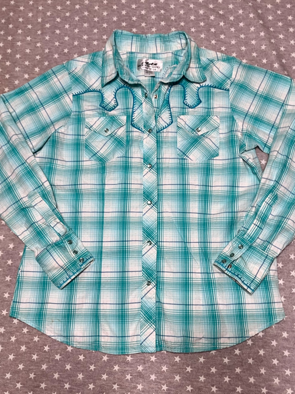 Back In The Saddle Western Pearl Snap Shirt Women’s Large Teal Blue and White